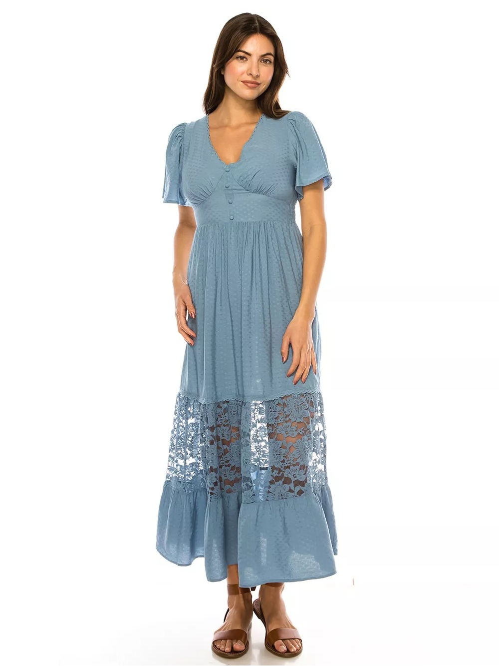 NWT Penelope Rose Dusty Blue Flutter Sleeve Lace Boho Maxi Dress